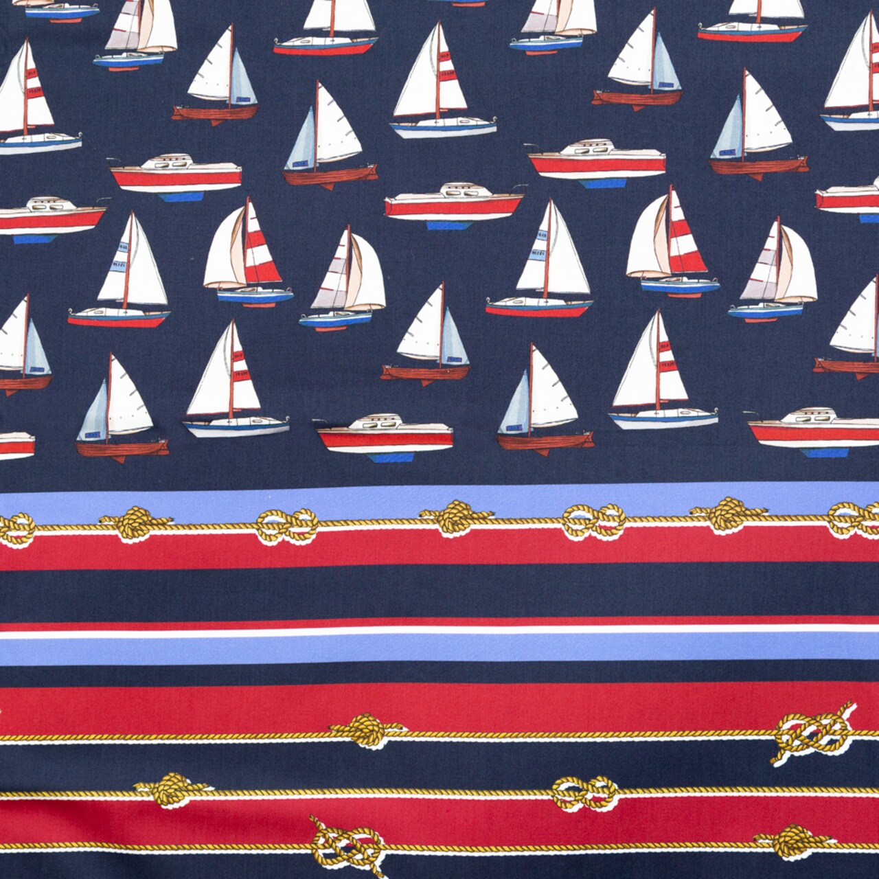 1 Panel Red White and Blue Sailboats and Stripes Shipyard Surveys Stretch Cotton Sateen